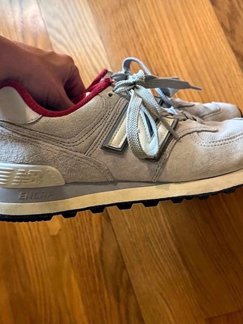 New Balance 574 Gray & Red Sneakers